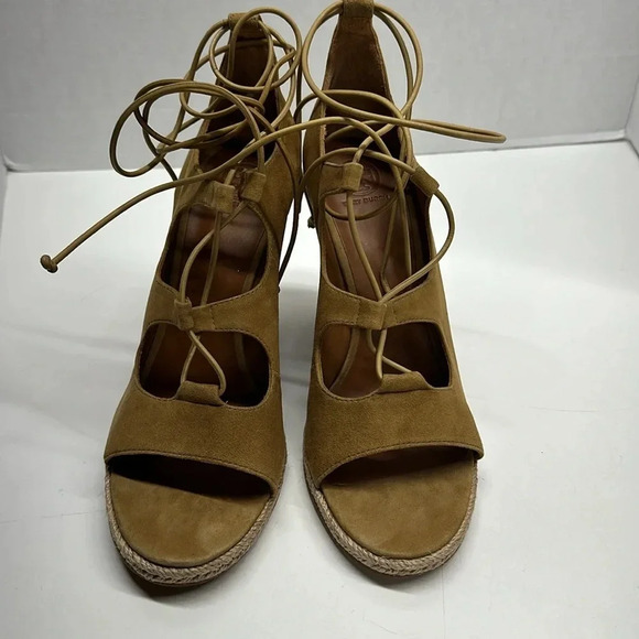 Tory Burch Raya Suede Lace Up Wedges Heeled Heels Tan Brown Open Toe Sandals 9.5 - Picture 2 of 10